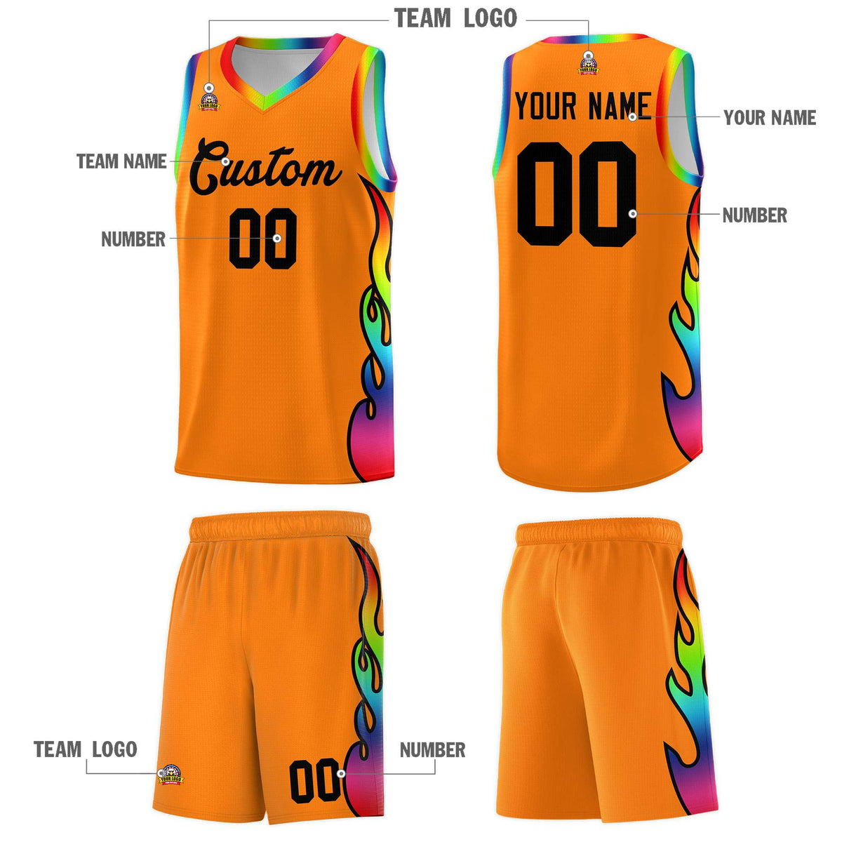 Custom Orange Side Flame Pattern Fashion Sports Uniform Basketball Jersey|KXKSHOP