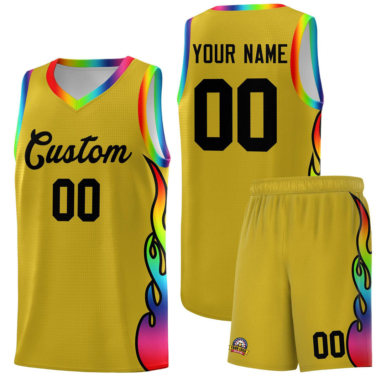 Custom Old Gold Side Flame Pattern Fashion Sports Uniform Basketball Jersey|KXKSHOP