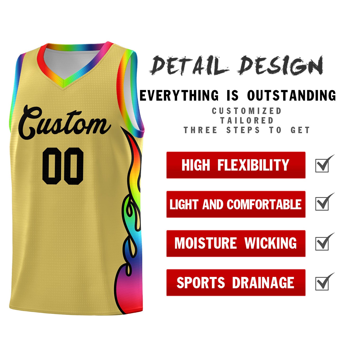 Custom Old Gold Side Flame Pattern Fashion Sports Uniform Basketball Jersey|KXKSHOP