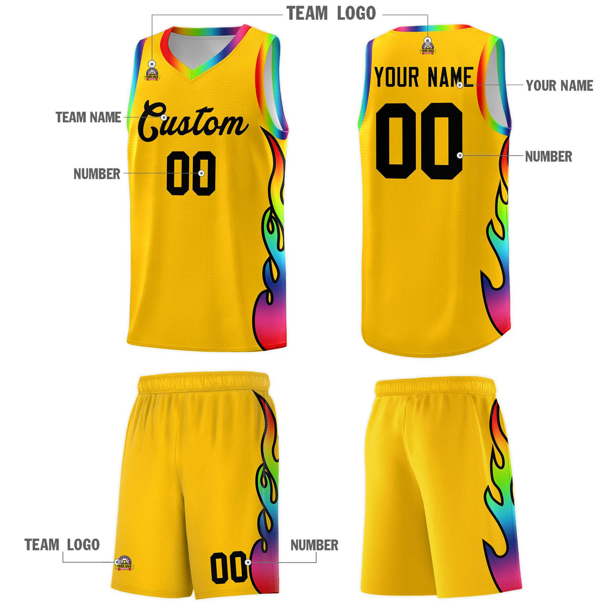 Custom Yellow Side Flame Pattern Fashion Sports Uniform Basketball Jersey|KXKSHOP