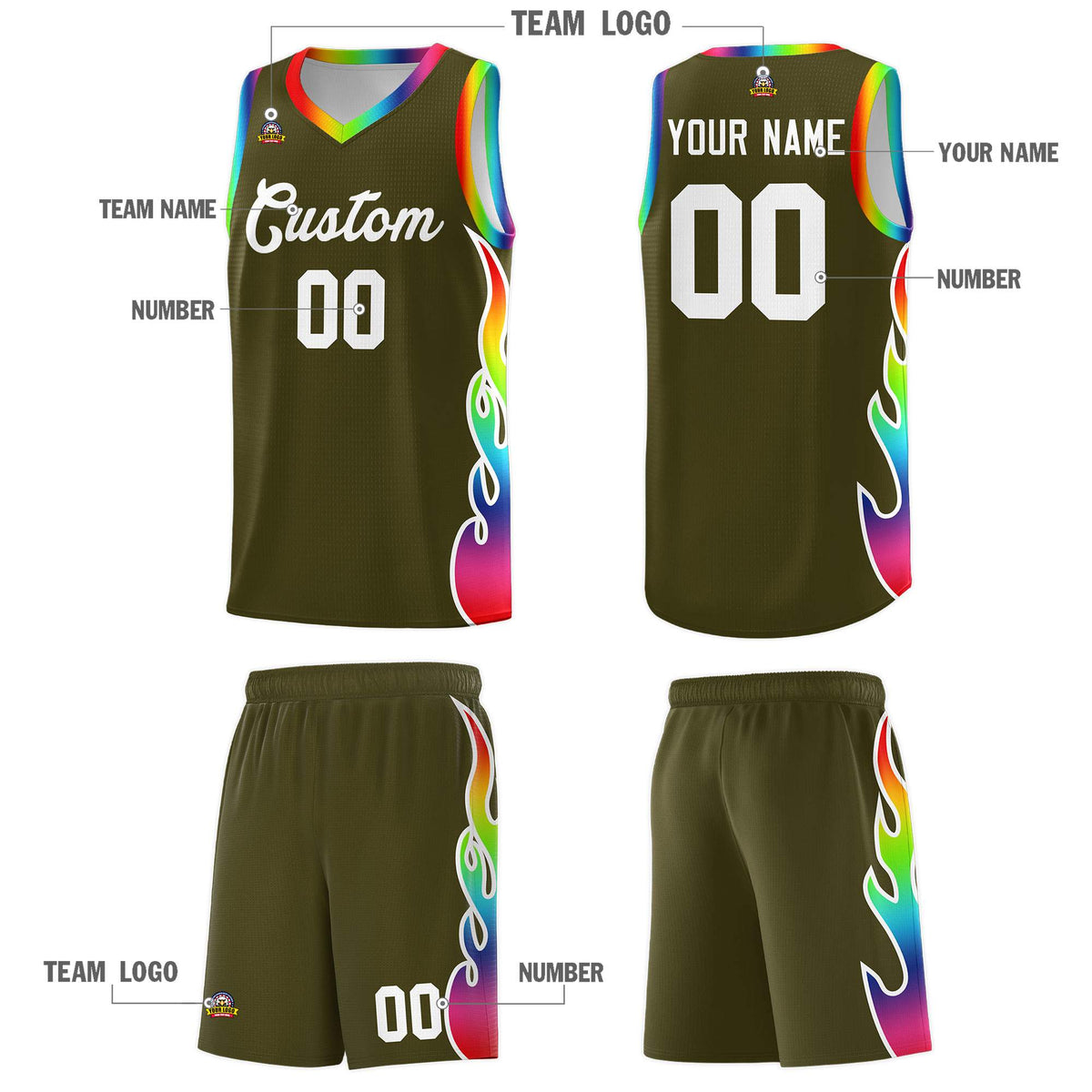 Custom Olive Side Flame Pattern Fashion Sports Uniform Basketball Jersey|KXKSHOP