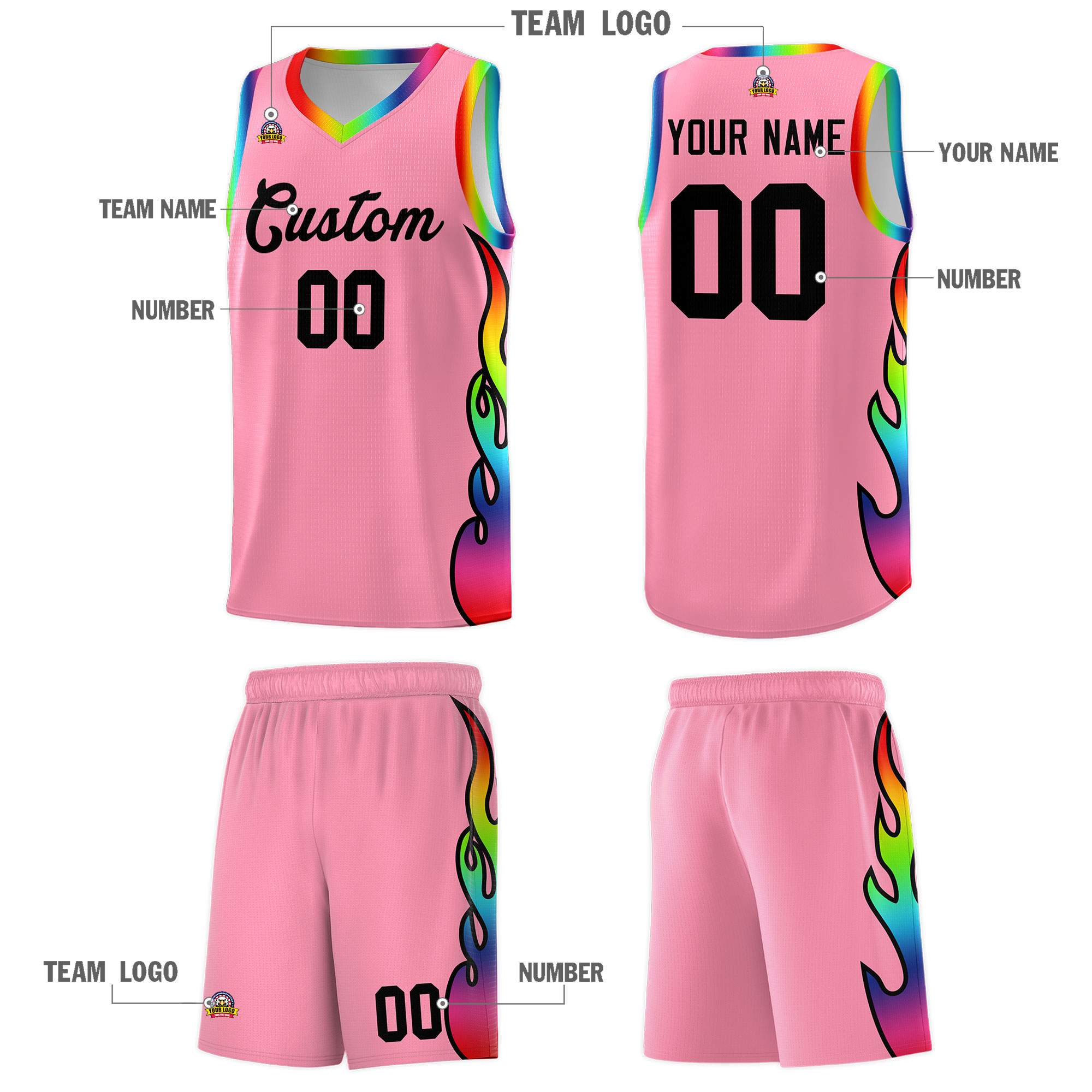 Custom Light Pink Side Flame Pattern Fashion Sports Uniform Basketball Jersey|KXKSHOP