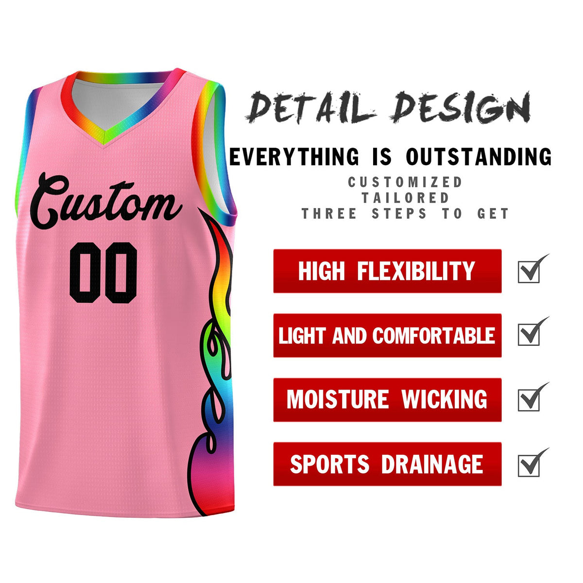 Custom Light Pink Side Flame Pattern Fashion Sports Uniform Basketball Jersey|KXKSHOP