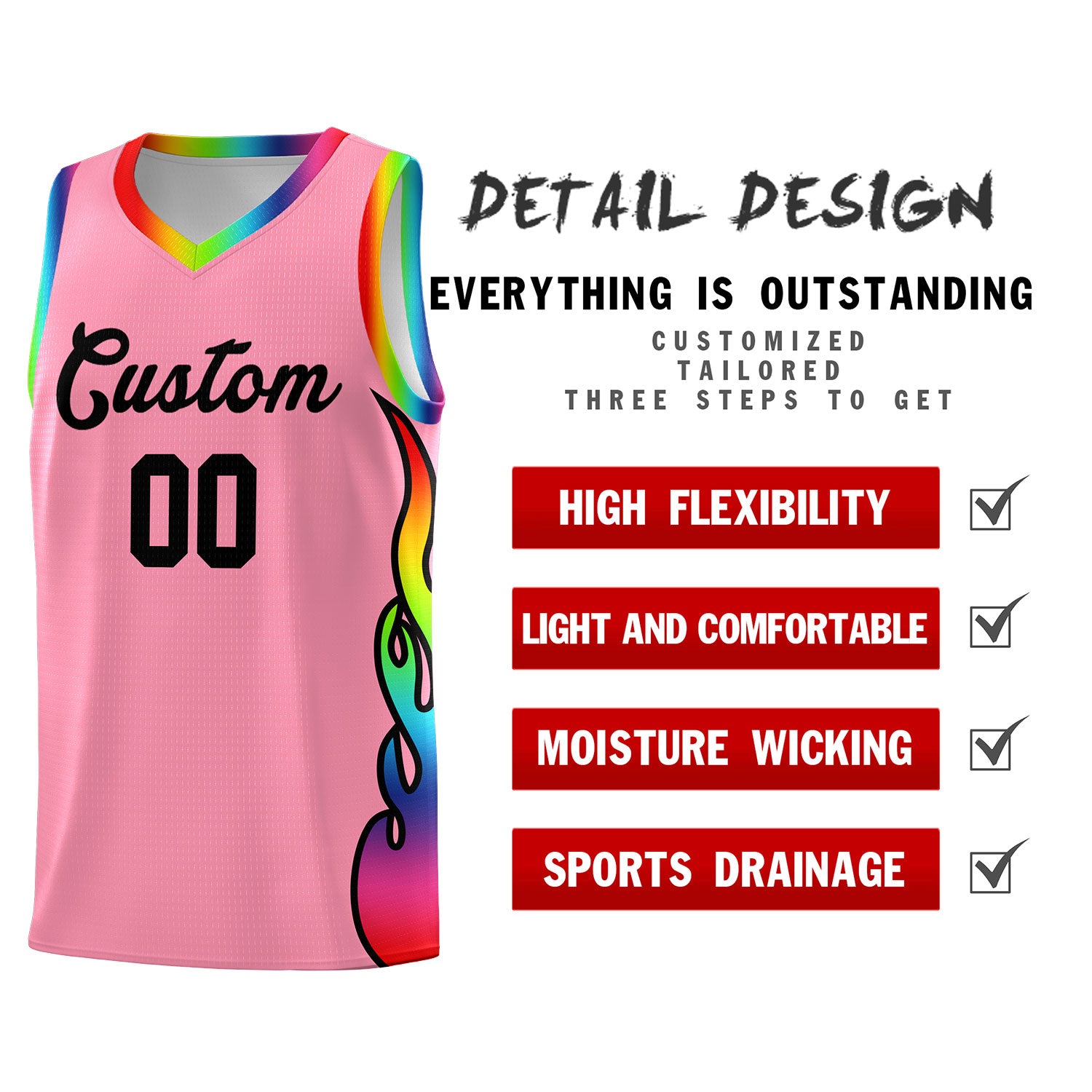 Custom Light Pink Side Flame Pattern Fashion Sports Uniform Basketball Jersey|KXKSHOP