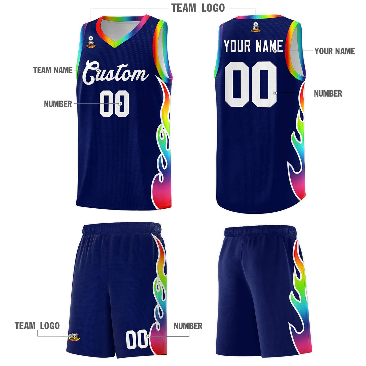 Custom Navy Side Flame Pattern Fashion Sports Uniform Basketball Jersey|KXKSHOP
