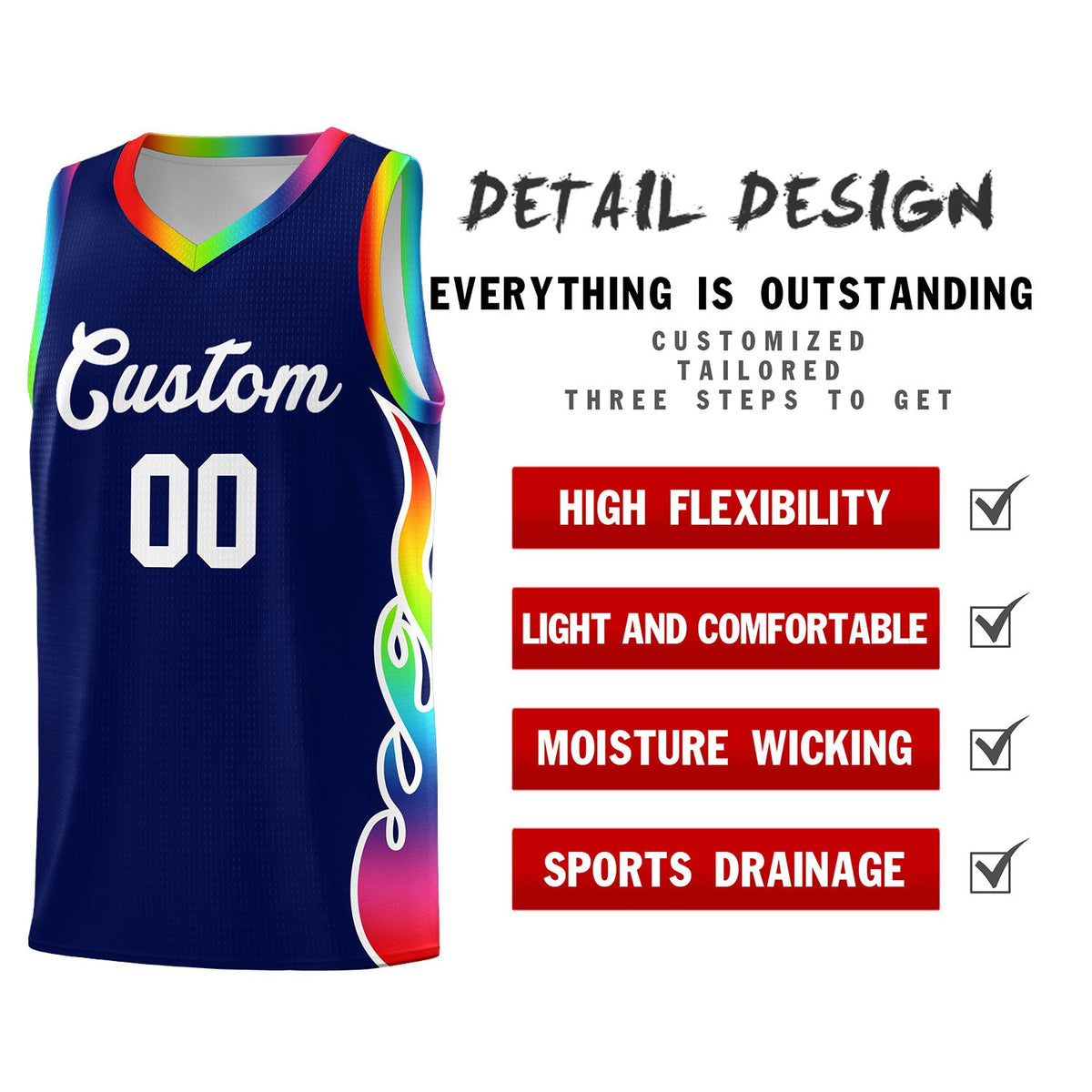 Custom Navy Side Flame Pattern Fashion Sports Uniform Basketball Jersey|KXKSHOP