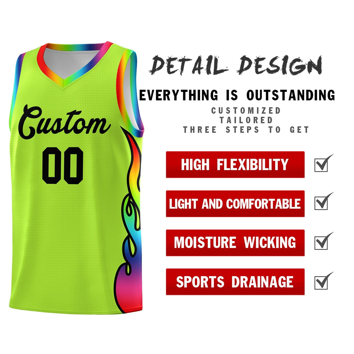 Custom Neon Green Side Flame Pattern Fashion Sports Uniform Basketball Jersey|KXKSHOP