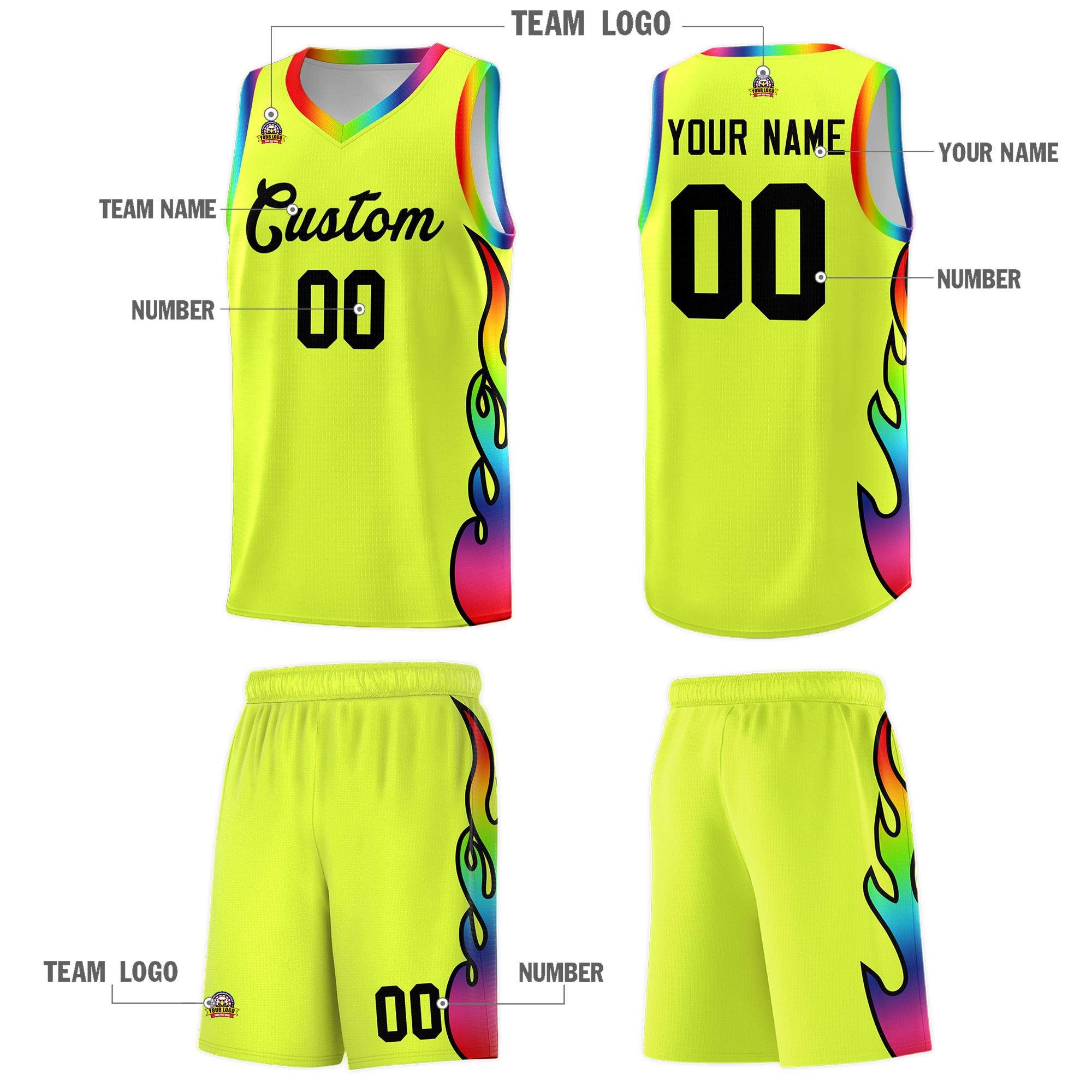 Custom Fluorescent Green Side Flame Pattern Fashion Sports Uniform Basketball Jersey|KXKSHOP