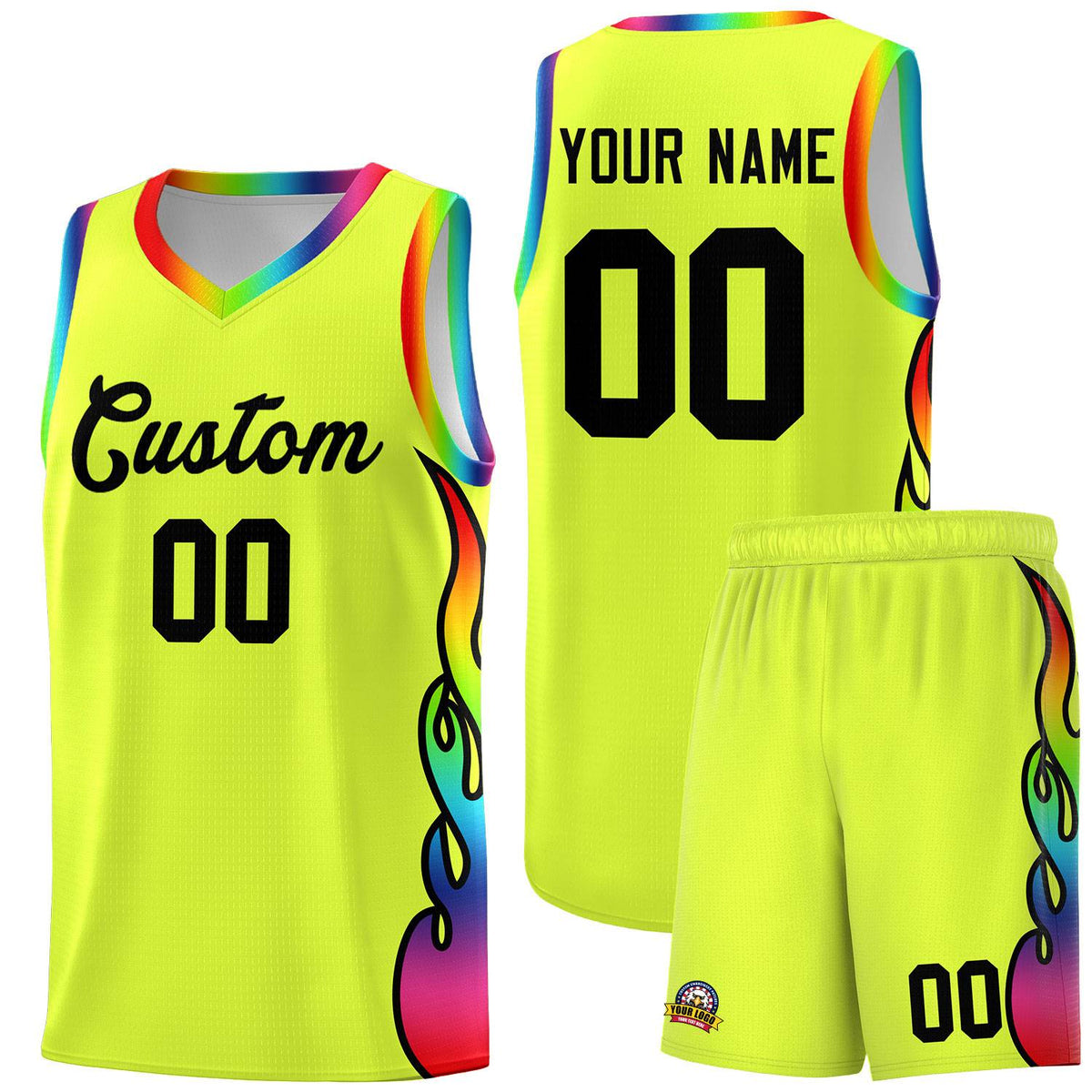 Custom Fluorescent Green Side Flame Pattern Fashion Sports Uniform Basketball Jersey|KXKSHOP