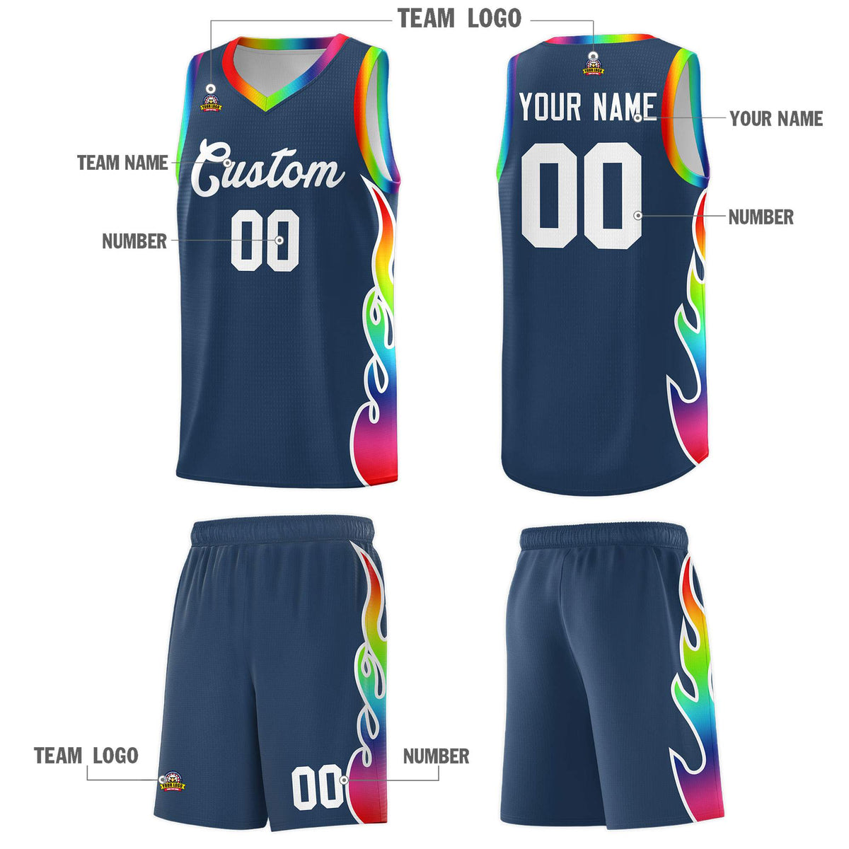 Custom Midnight Blue Side Flame Pattern Fashion Sports Uniform Basketball Jersey|KXKSHOP