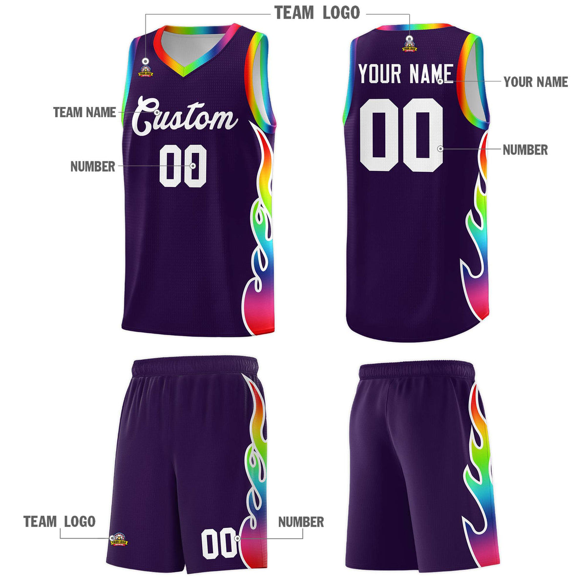 Custom Purple Side Flame Pattern Fashion Sports Uniform Basketball Jersey|KXKSHOP