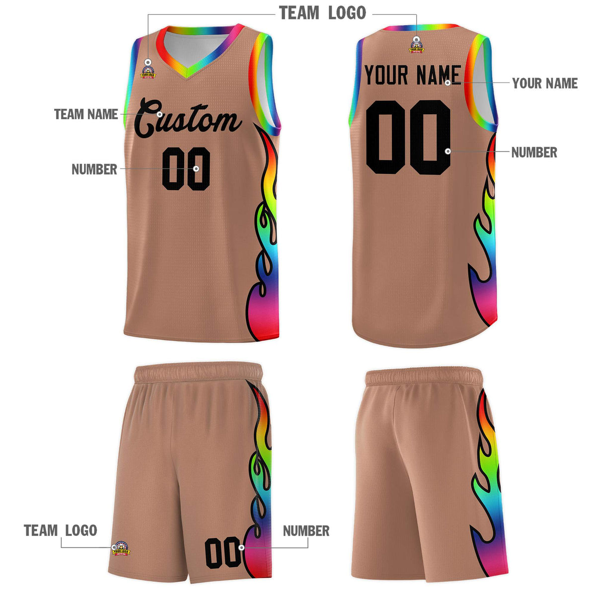Custom Light Brown Side Flame Pattern Fashion Sports Uniform Basketball Jersey|KXKSHOP