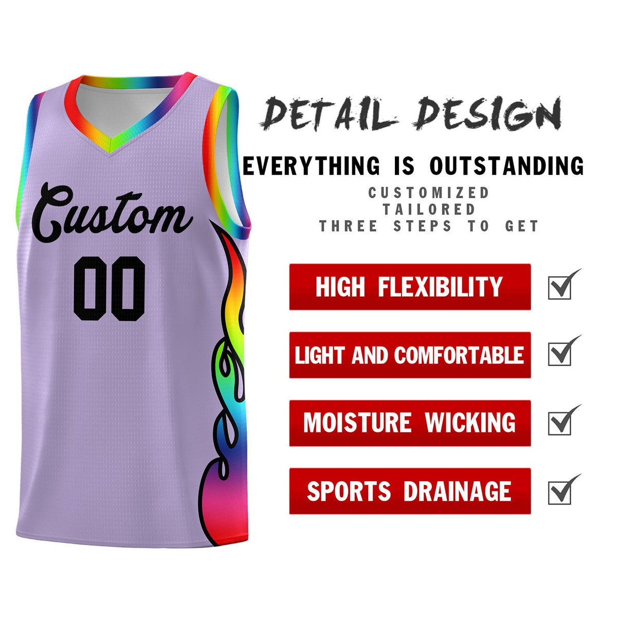 Custom Light Purple Side Flame Pattern Fashion Sports Uniform Basketball Jersey|KXKSHOP