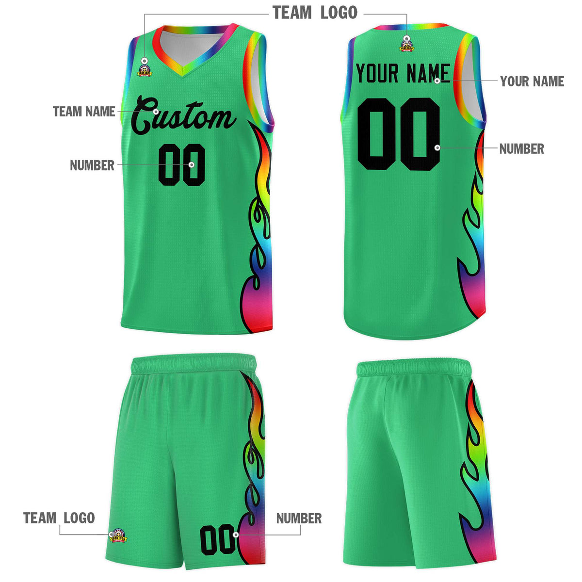 Custom Kelly Green Side Flame Pattern Fashion Sports Uniform Basketball Jersey|KXKSHOP