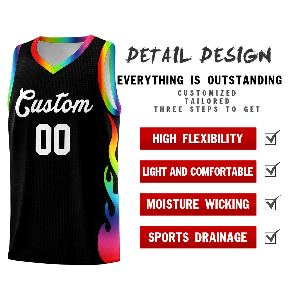 Custom Black Side Flame Pattern Fashion Sports Uniform Basketball Jersey|KXKSHOP