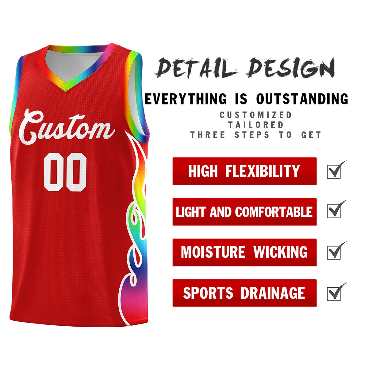 Custom Red Side Flame Pattern Fashion Sports Uniform Basketball Jersey|KXKSHOP
