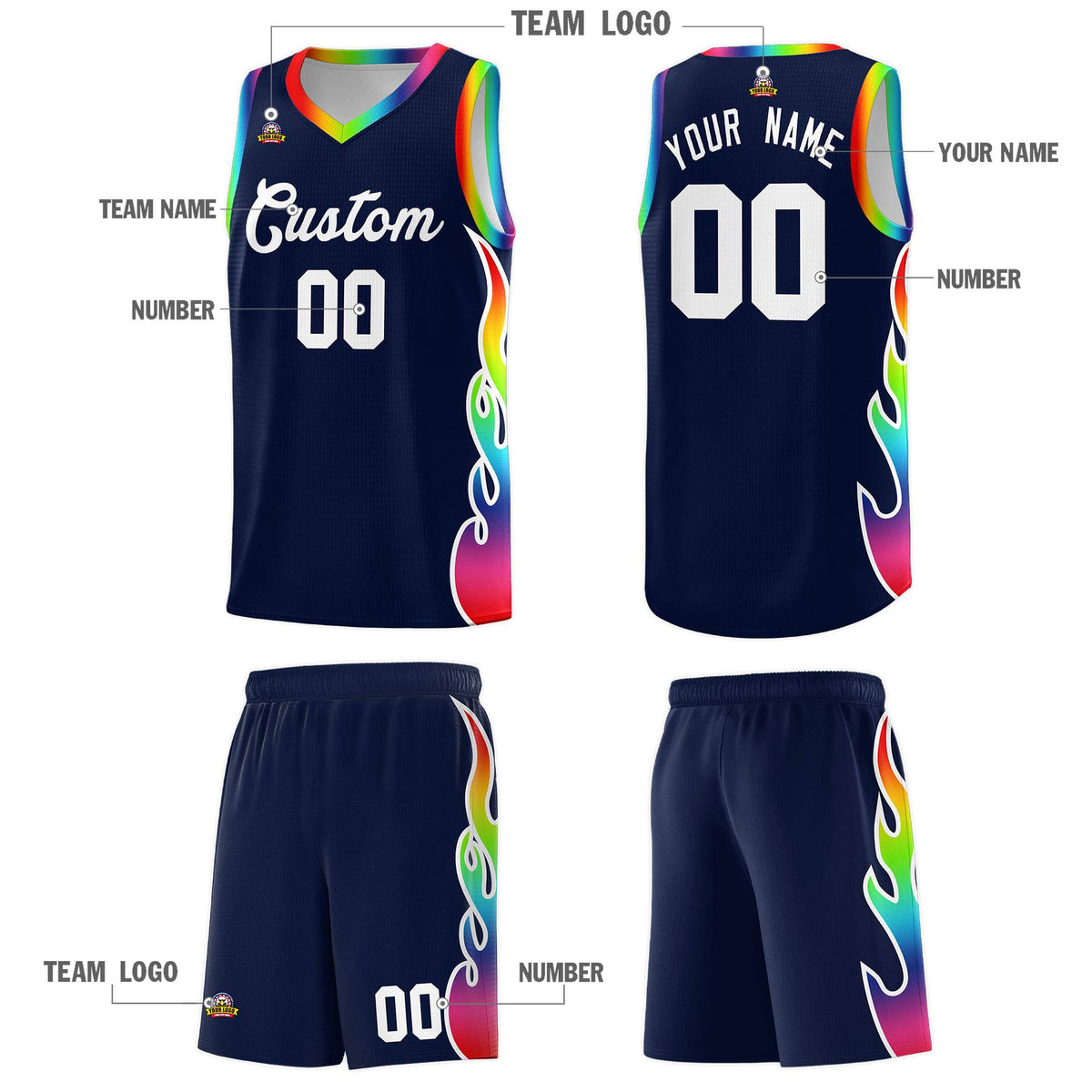 Custom Navy Side Flame Pattern Fashion Sports Uniform Basketball Jersey|KXKSHOP