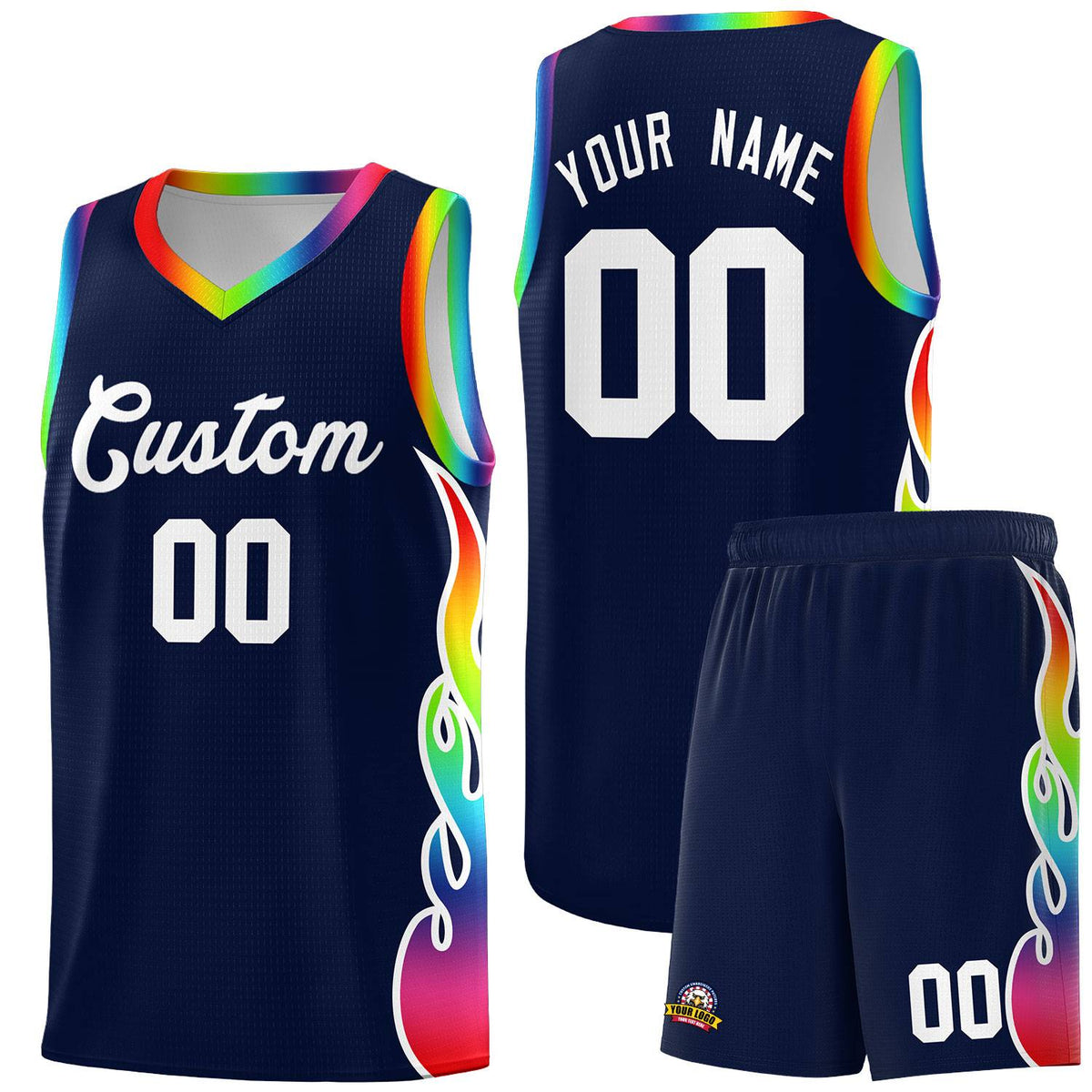Custom Navy Side Flame Pattern Fashion Sports Uniform Basketball Jersey|KXKSHOP
