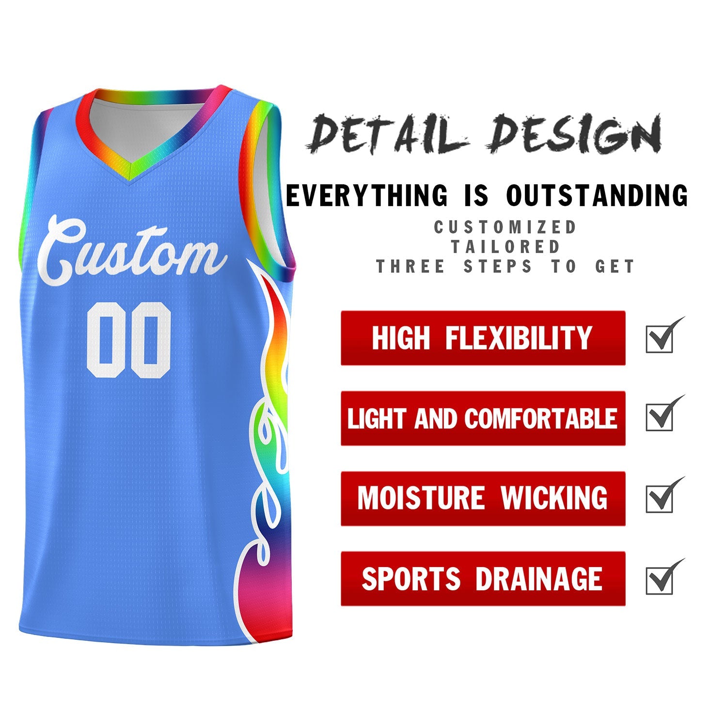 Custom Powder Blue Side Flame Pattern Fashion Sports Uniform Basketball Jersey|KXKSHOP