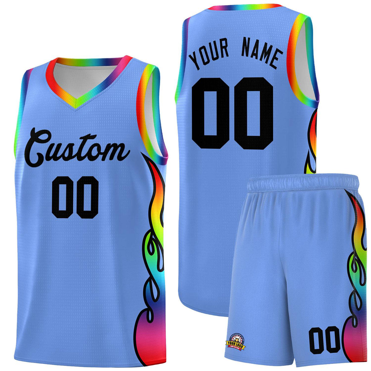 Custom Light Blue Side Flame Pattern Fashion Sports Uniform Basketball Jersey|KXKSHOP