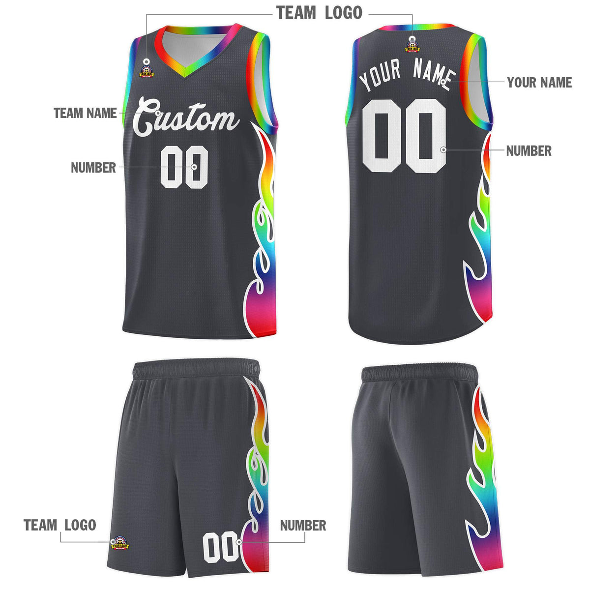 Custom Dark Gray Side Flame Pattern Fashion Sports Uniform Basketball Jersey|KXKSHOP