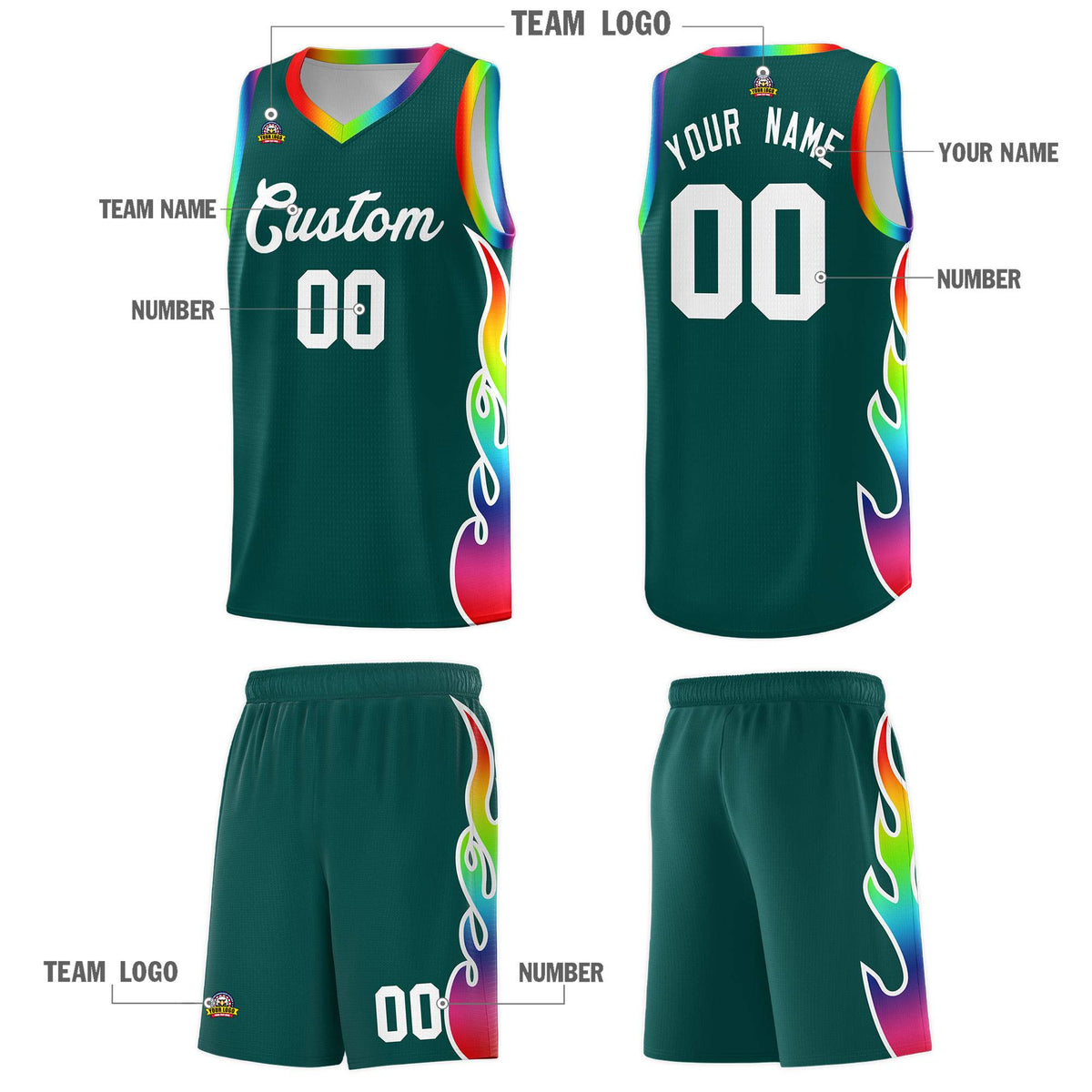 Custom Midnight Green Side Flame Pattern Fashion Sports Uniform Basketball Jersey|KXKSHOP
