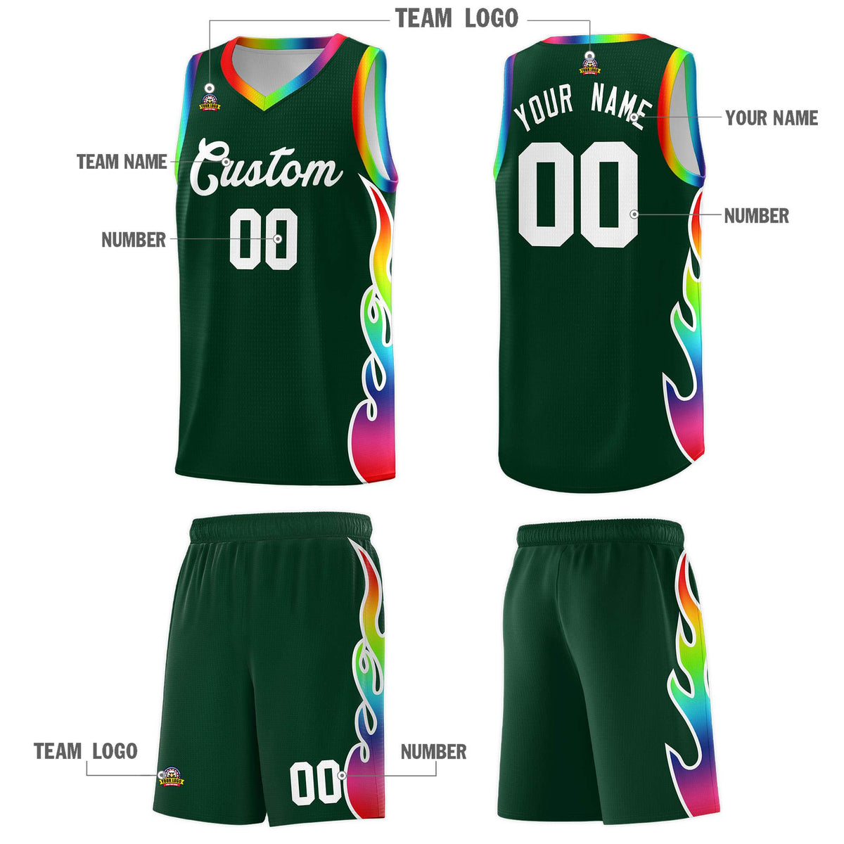 Custom Hunter Green Side Flame Pattern Fashion Sports Uniform Basketball Jersey|KXKSHOP
