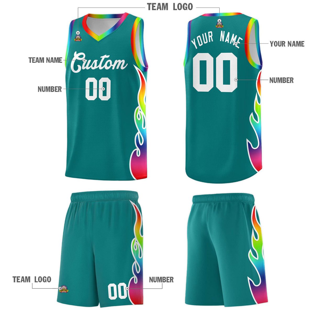 Custom Aqua Side Flame Pattern Fashion Sports Uniform Basketball Jersey|KXKSHOP