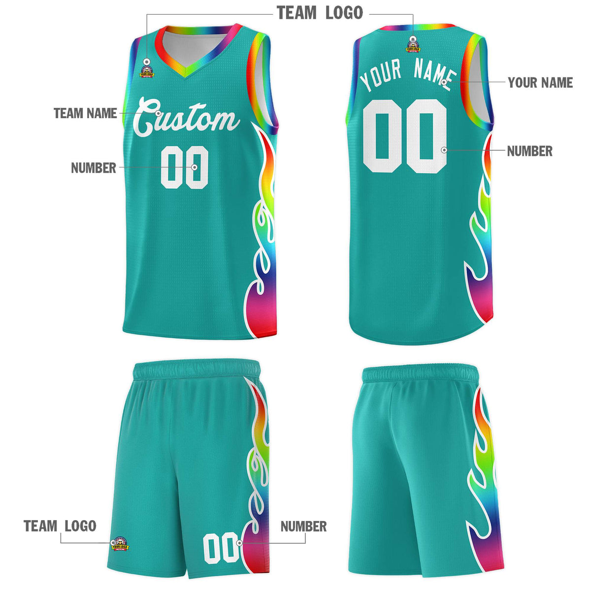 Custom Aqua Side Flame Pattern Fashion Sports Uniform Basketball Jersey|KXKSHOP