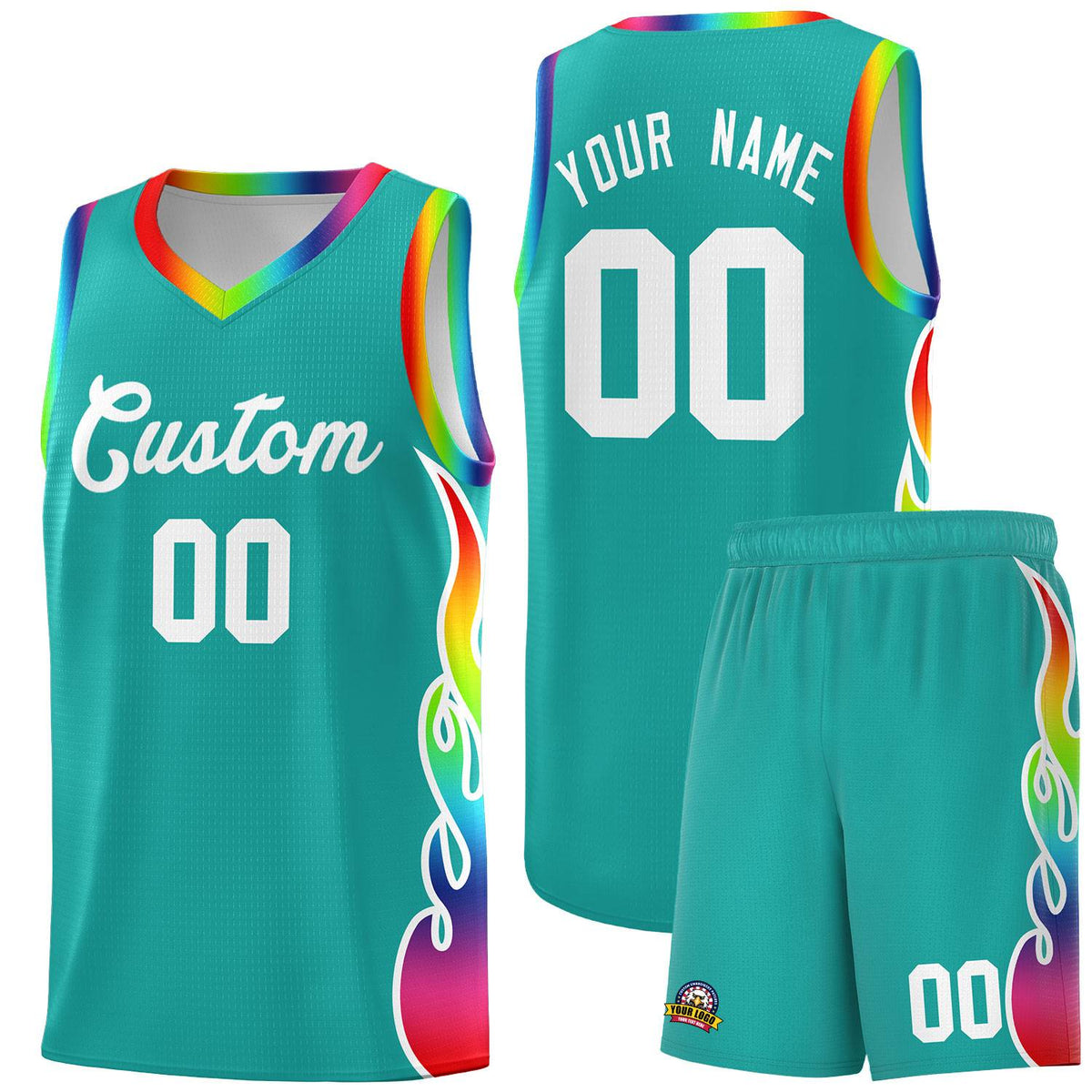 Custom Aqua Side Flame Pattern Fashion Sports Uniform Basketball Jersey|KXKSHOP