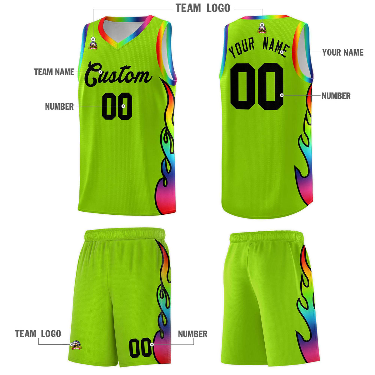 Custom Neon Green Side Flame Pattern Fashion Sports Uniform Basketball Jersey|KXKSHOP