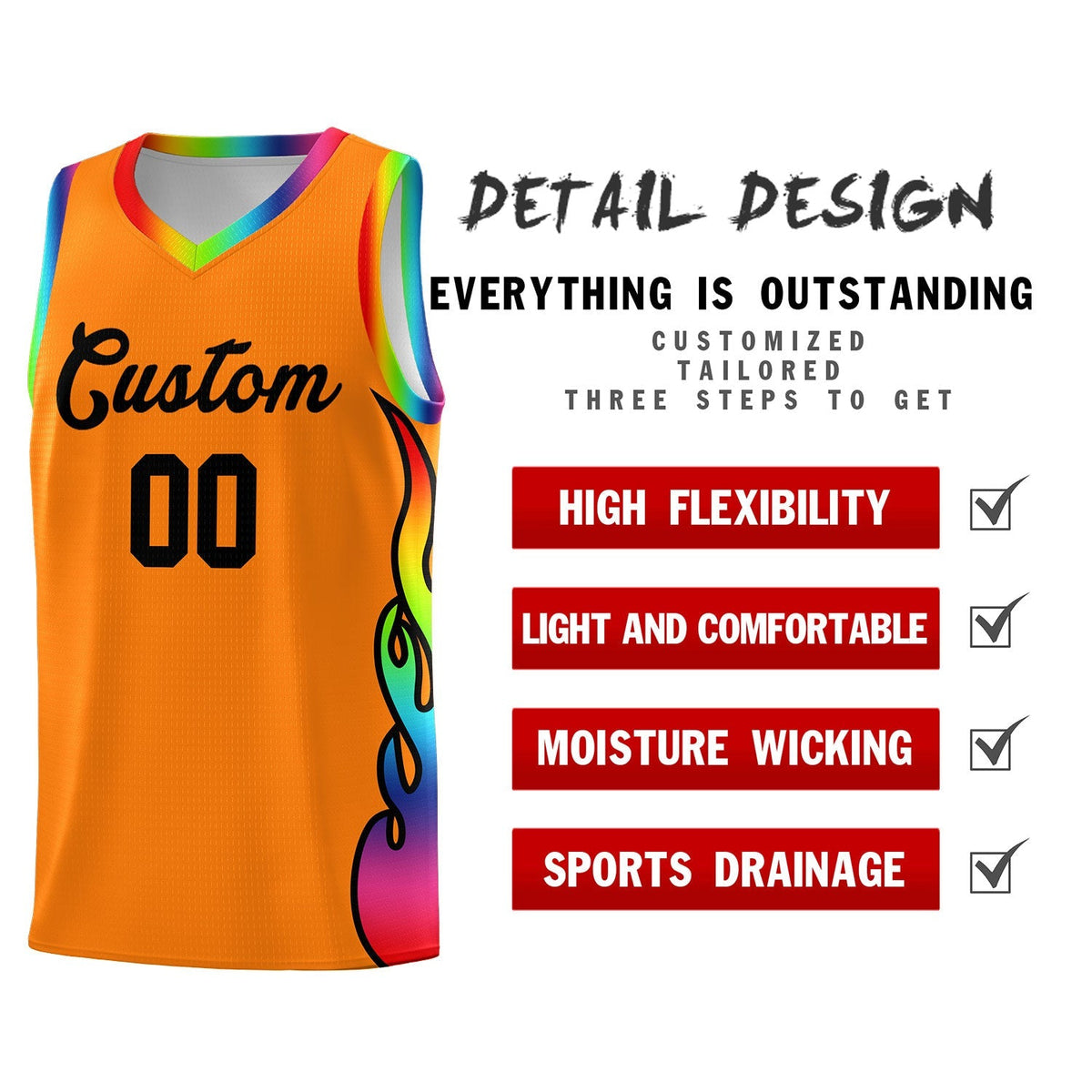Custom Orange Side Flame Pattern Fashion Sports Uniform Basketball Jersey|KXKSHOP
