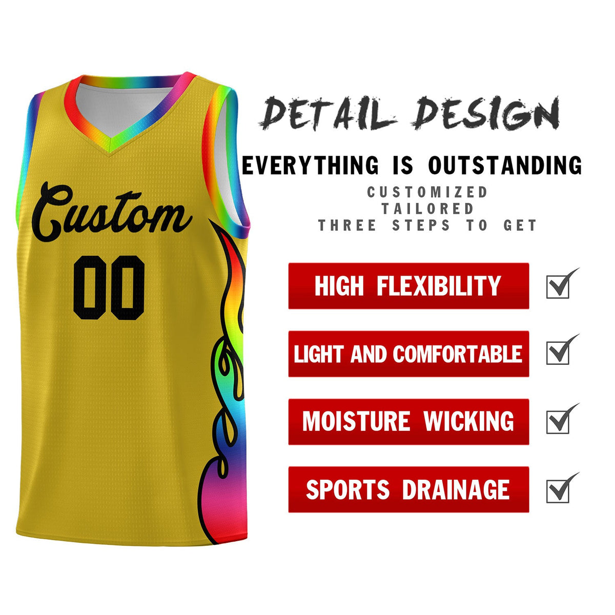 Custom Old Gold Side Flame Pattern Fashion Sports Uniform Basketball Jersey|KXKSHOP