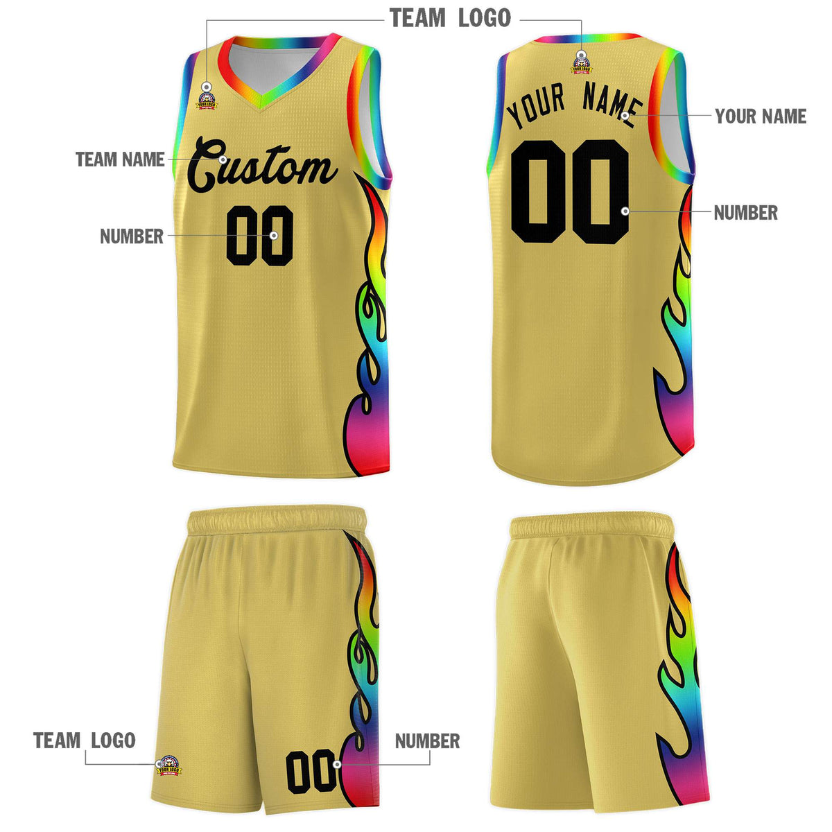 Custom Old Gold Side Flame Pattern Fashion Sports Uniform Basketball Jersey|KXKSHOP