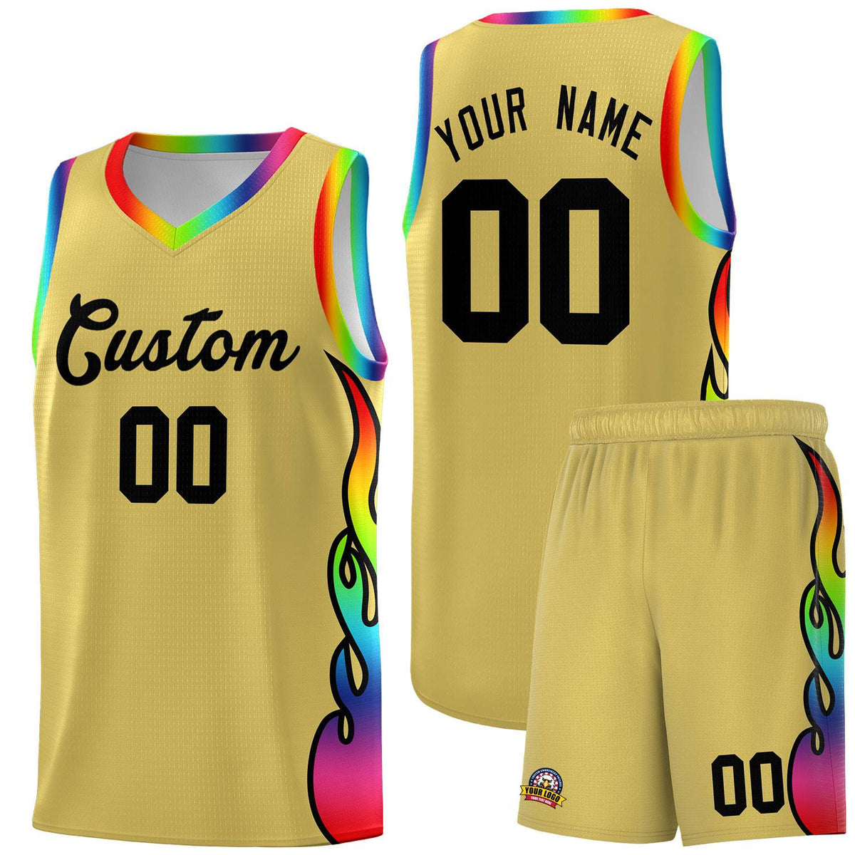 Custom Old Gold Side Flame Pattern Fashion Sports Uniform Basketball Jersey|KXKSHOP