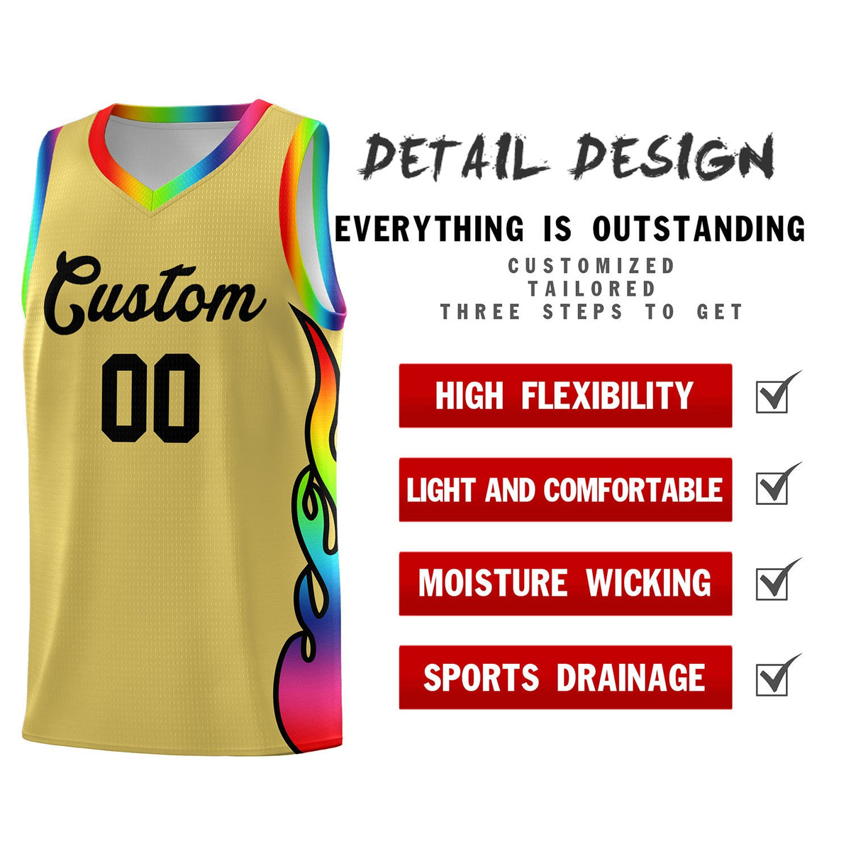 Custom Old Gold Side Flame Pattern Fashion Sports Uniform Basketball Jersey|KXKSHOP