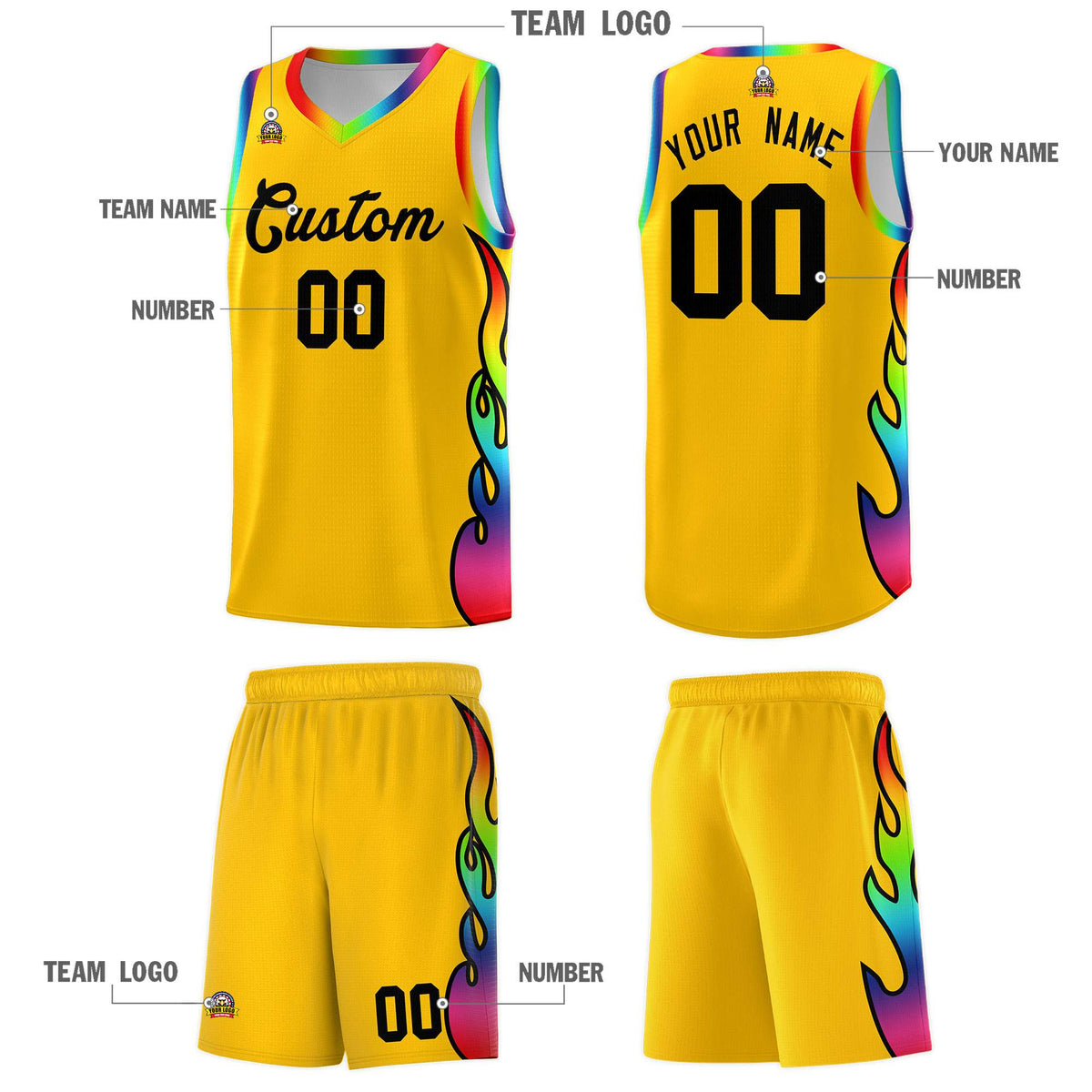 Custom Yellow Side Flame Pattern Fashion Sports Uniform Basketball Jersey|KXKSHOP