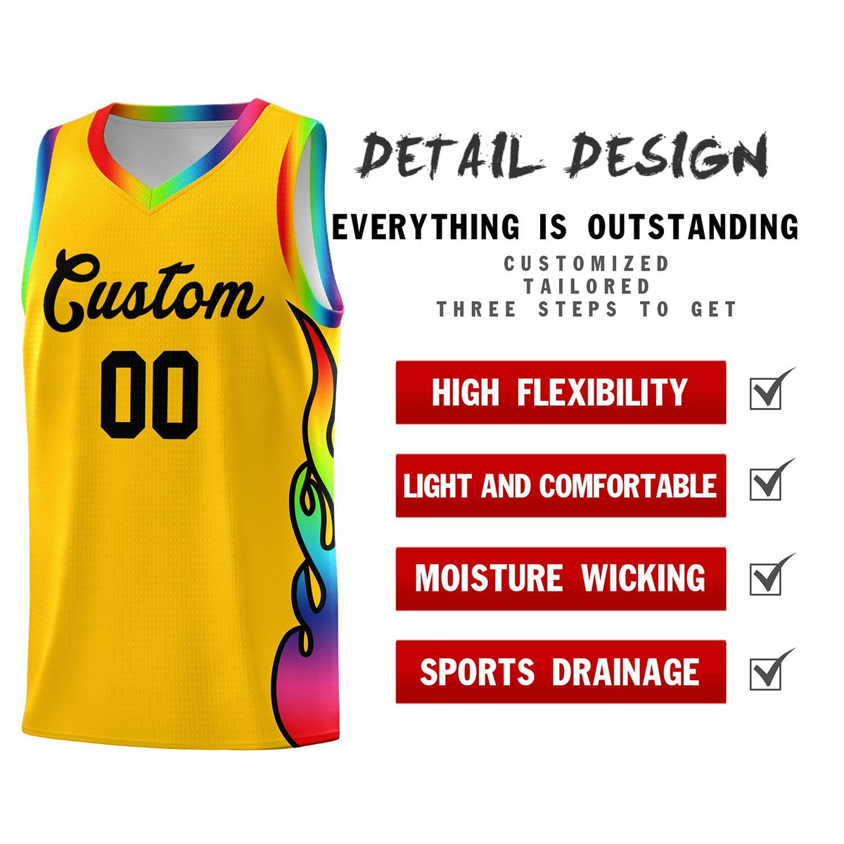 Custom Yellow Side Flame Pattern Fashion Sports Uniform Basketball Jersey|KXKSHOP