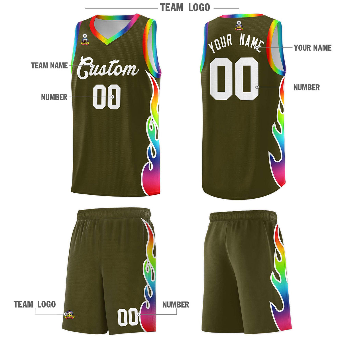 Custom Olive Side Flame Pattern Fashion Sports Uniform Basketball Jersey|KXKSHOP