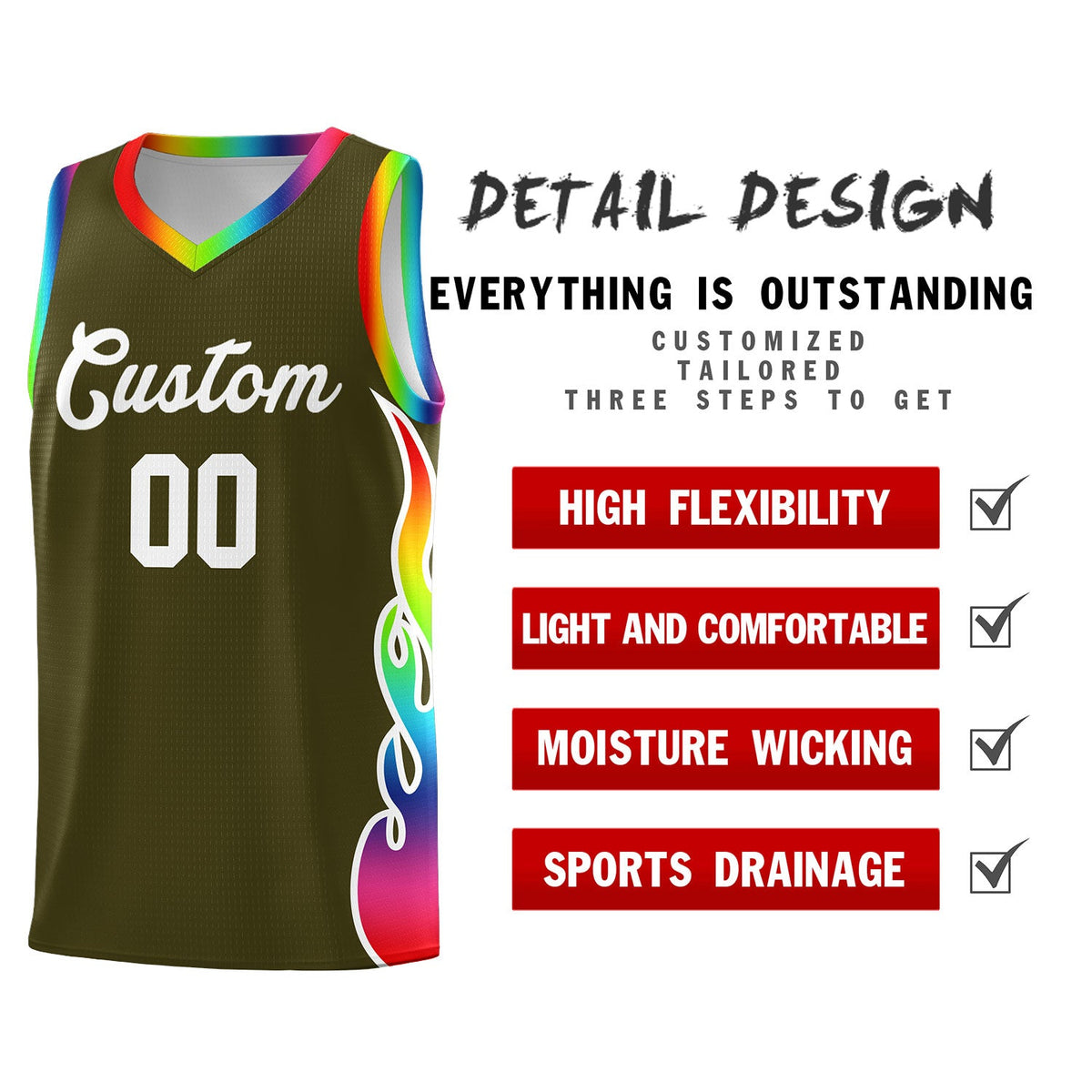 Custom Olive Side Flame Pattern Fashion Sports Uniform Basketball Jersey|KXKSHOP