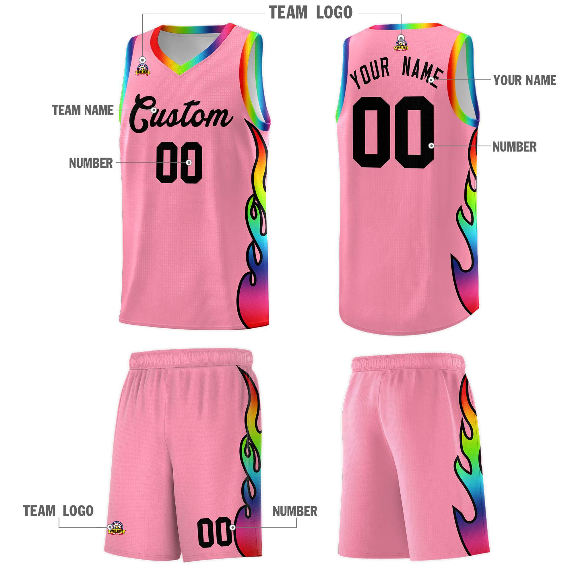 Custom Light Pink Side Flame Pattern Fashion Sports Uniform Basketball Jersey|KXKSHOP