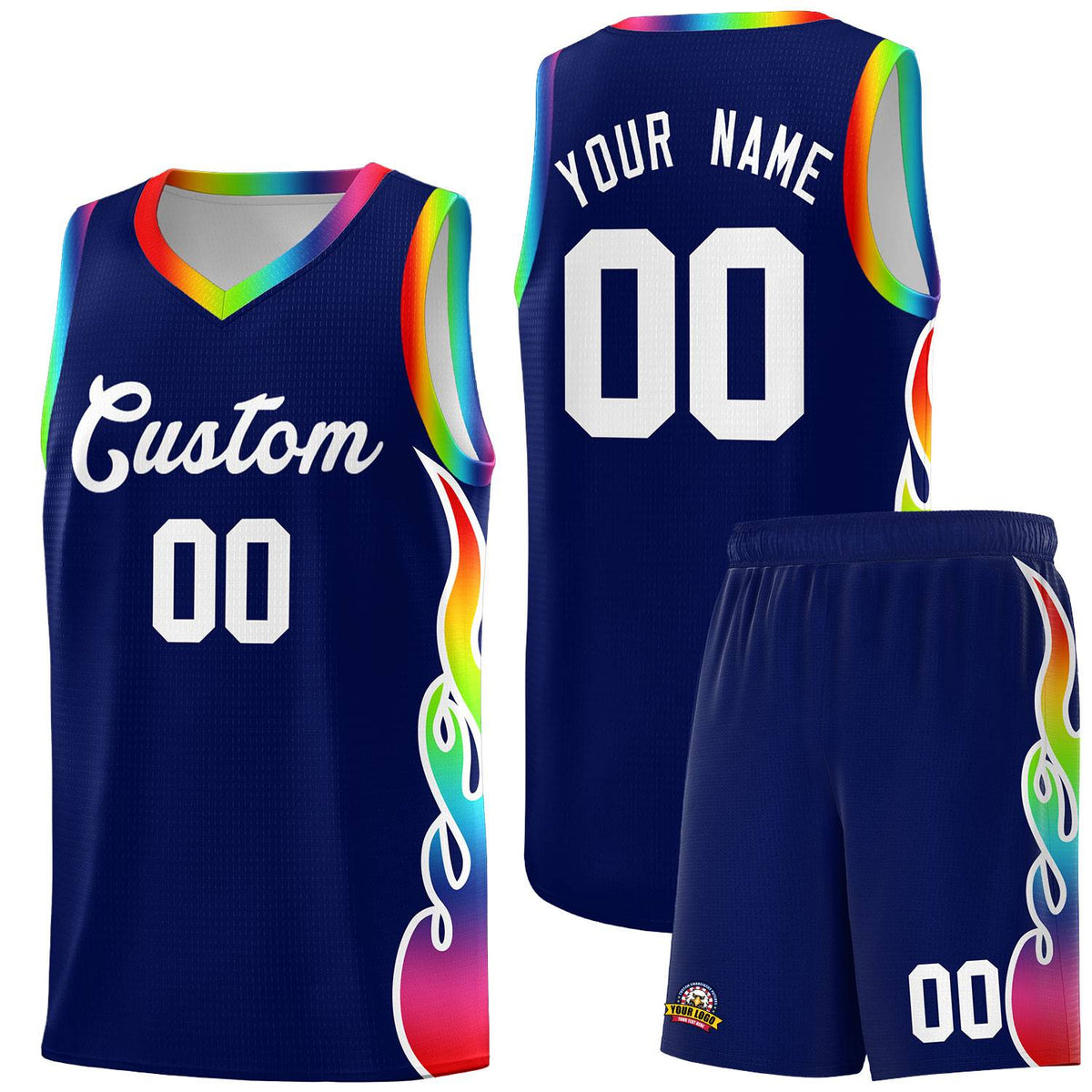 Custom Navy Side Flame Pattern Fashion Sports Uniform Basketball Jersey|KXKSHOP