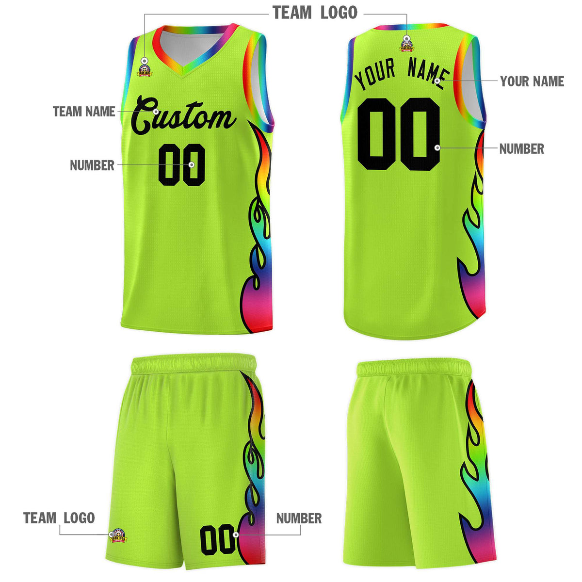 Custom Neon Green Side Flame Pattern Fashion Sports Uniform Basketball Jersey|KXKSHOP