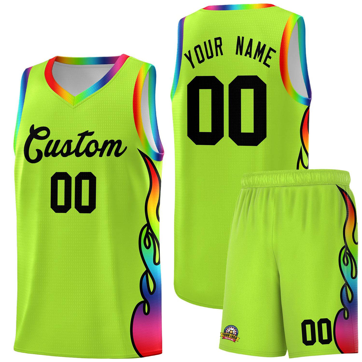 Custom Neon Green Side Flame Pattern Fashion Sports Uniform Basketball Jersey|KXKSHOP
