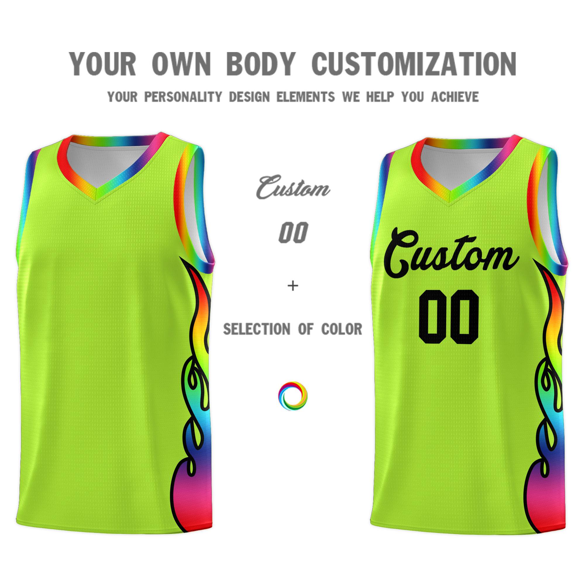 Custom Neon Green Side Flame Pattern Fashion Sports Uniform Basketball Jersey|KXKSHOP