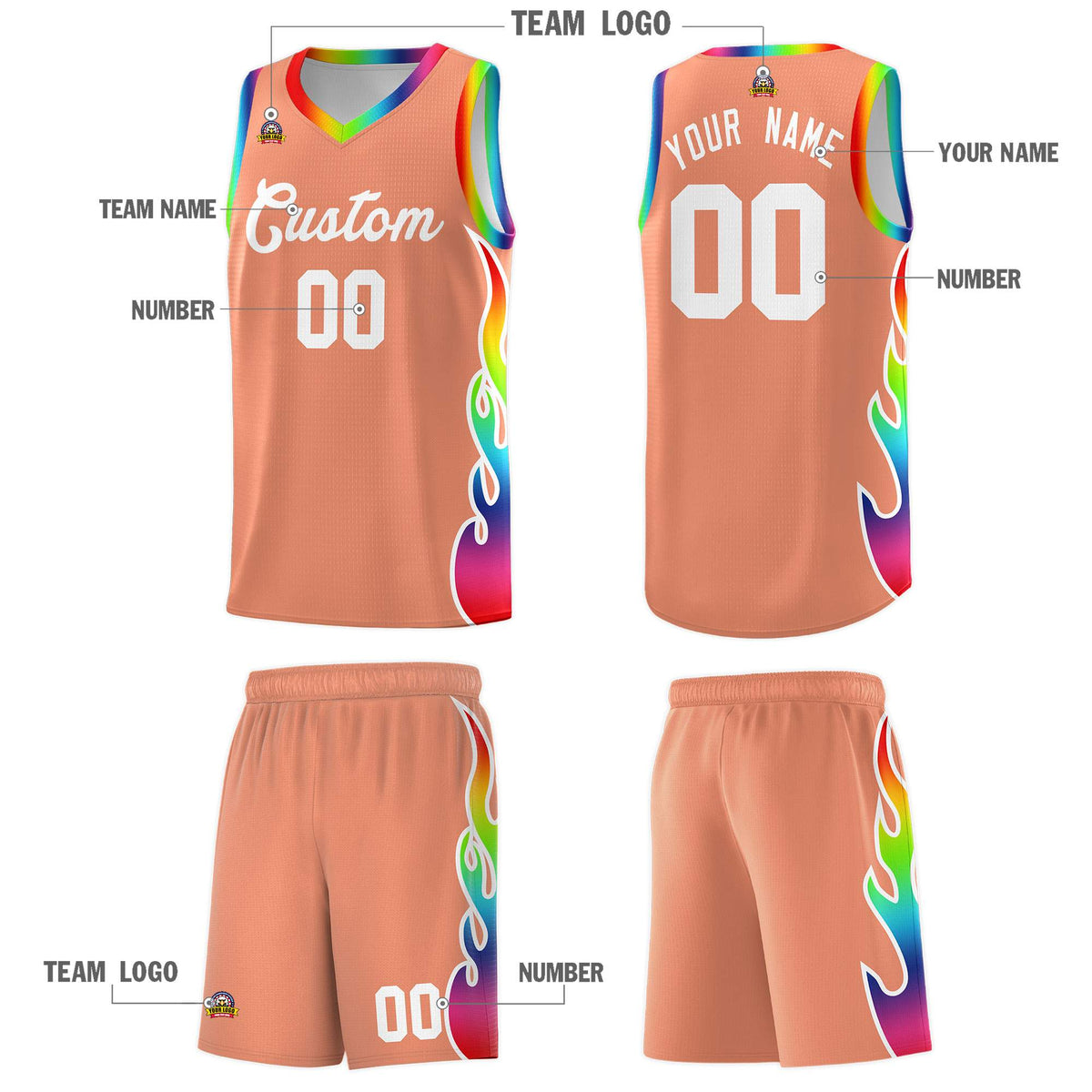 Custom Light Orange Side Flame Pattern Fashion Sports Uniform Basketball Jersey|KXKSHOP