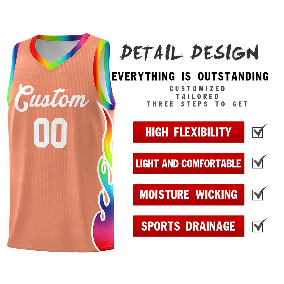 Custom Light Orange Side Flame Pattern Fashion Sports Uniform Basketball Jersey|KXKSHOP
