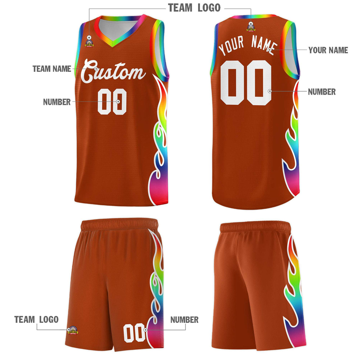 Custom Texas Orange Side Flame Pattern Fashion Sports Uniform Basketball Jersey|KXKSHOP