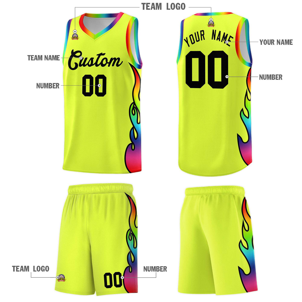 Custom Fluorescent Green Side Flame Pattern Fashion Sports Uniform Basketball Jersey|KXKSHOP