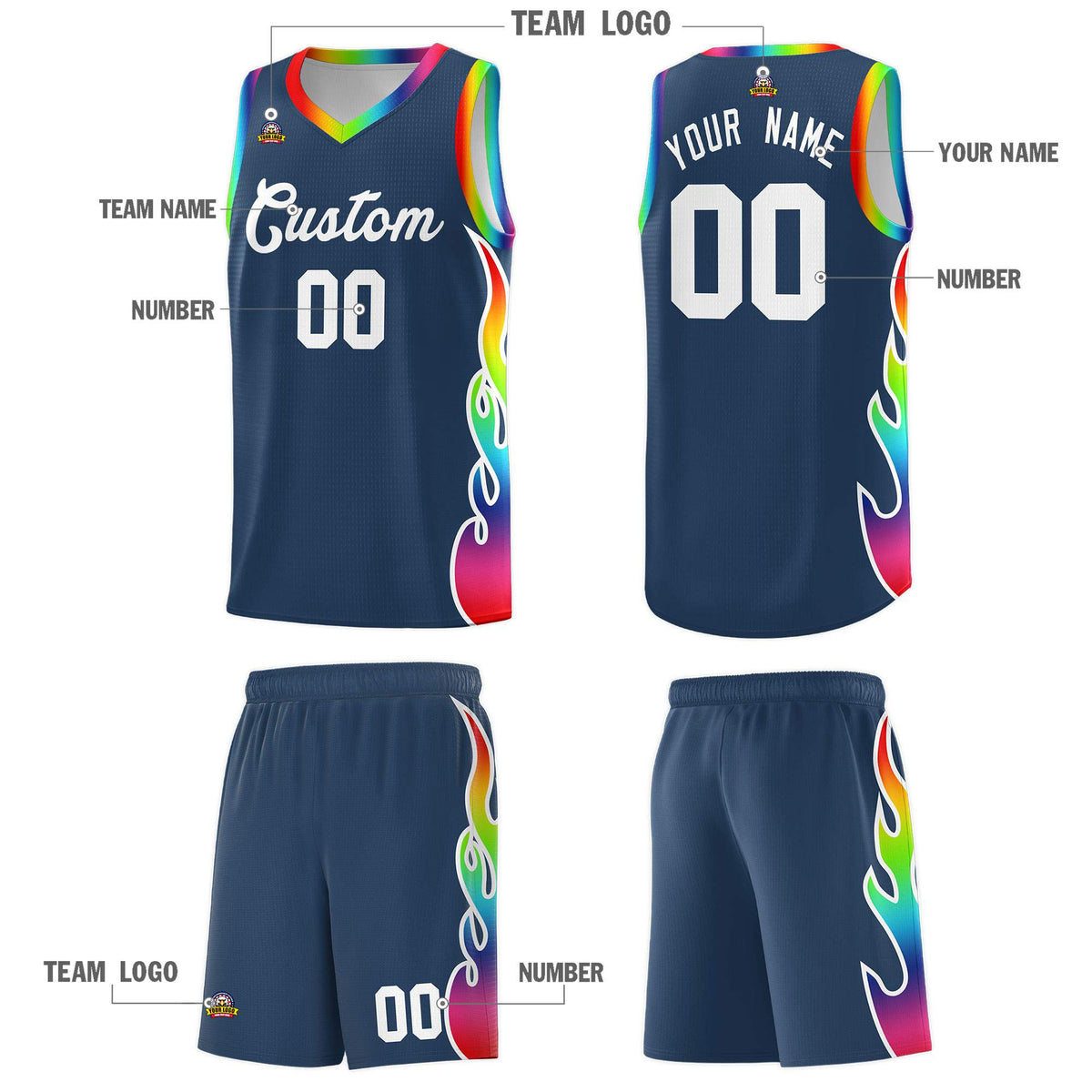 Custom Midnight Blue Side Flame Pattern Fashion Sports Uniform Basketball Jersey|KXKSHOP